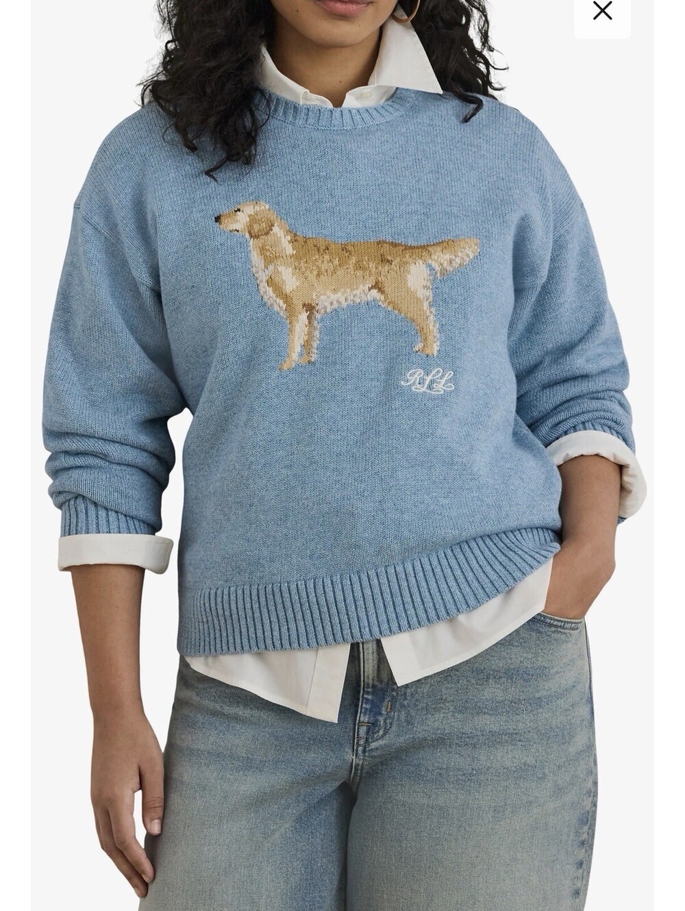 Lauren Ralph Lauren Golden Retriever Intarsia Cotton Sweater In Blue Size S $165